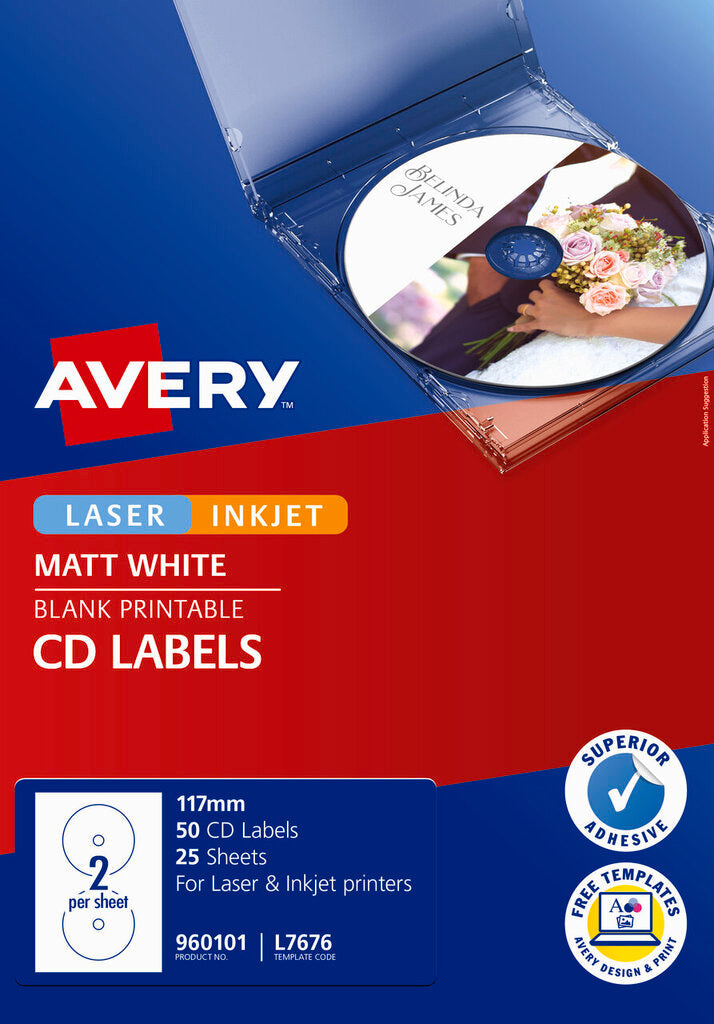 Avery White Full Face CD Labels L7676 50 Pack 117mm Diameter 2UP