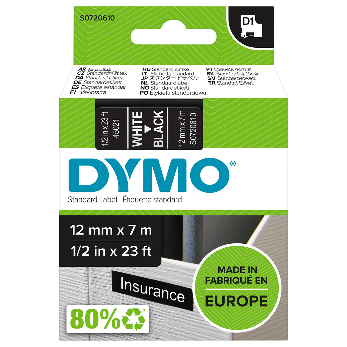 Dymo D1 Label Tape 12mm x 7m White on Black