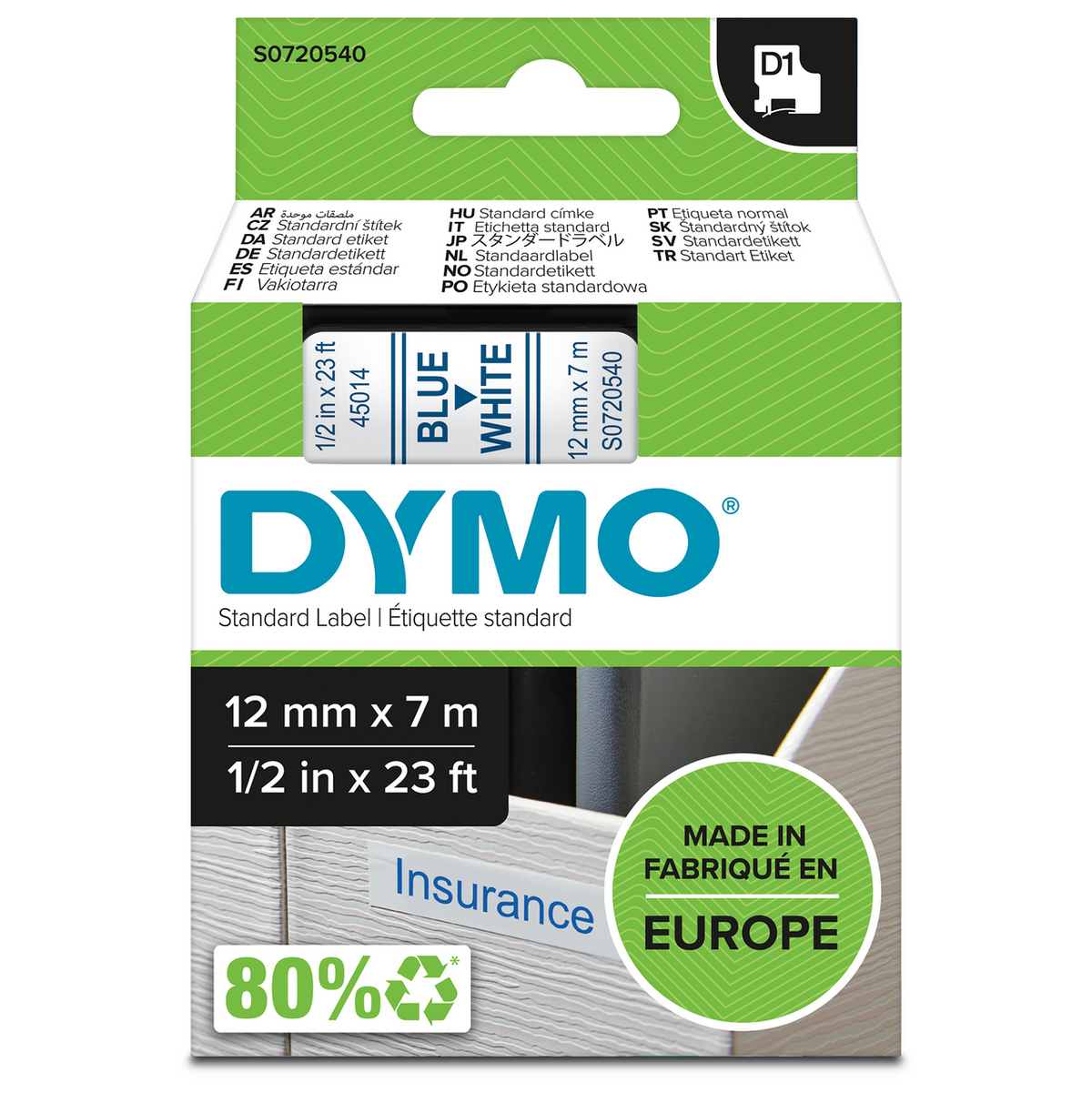 Dymo D1 Label Tape 9mm x 7m Blue on White