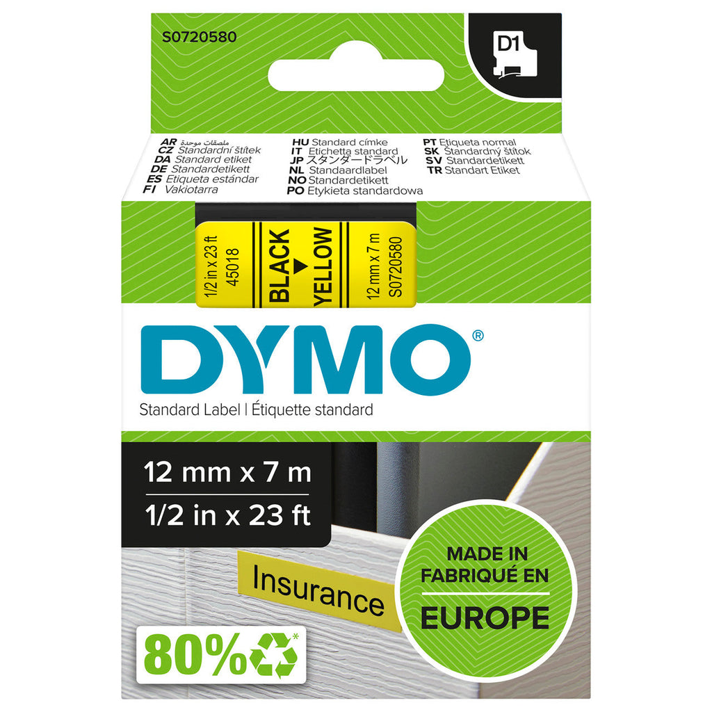 Dymo D1 Label Tape 19mm x 7m Black on Yellow