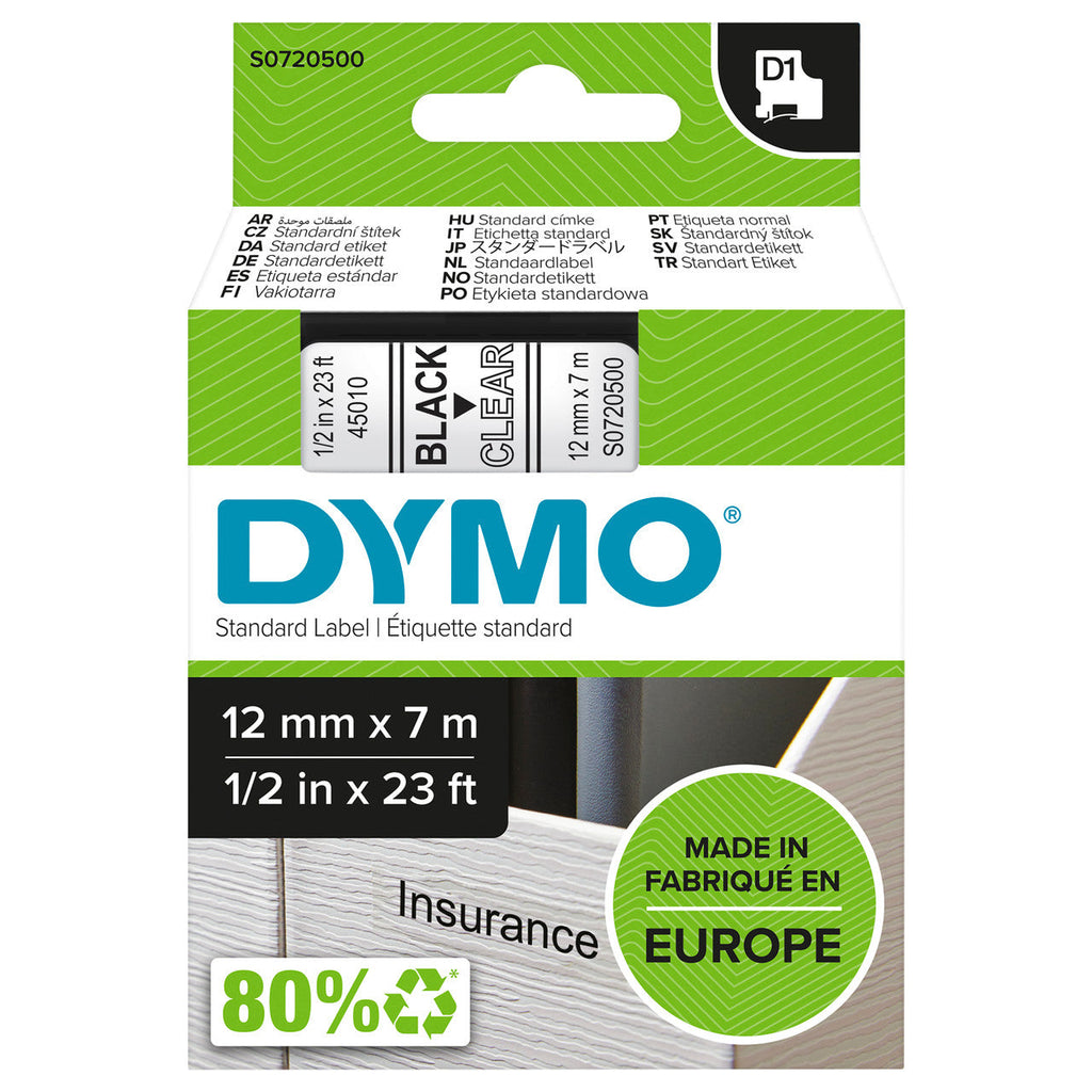 Dymo D1 Label Tape 9mm x 7m Black on Clear