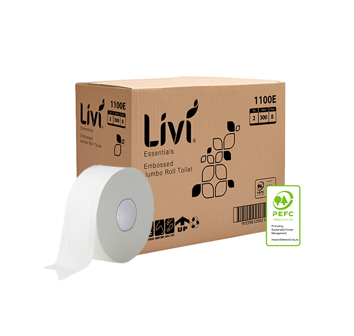 Livi 1100E Essentials Jumbo Roll Toilet Embossed 2 Ply 300m Carton 8
