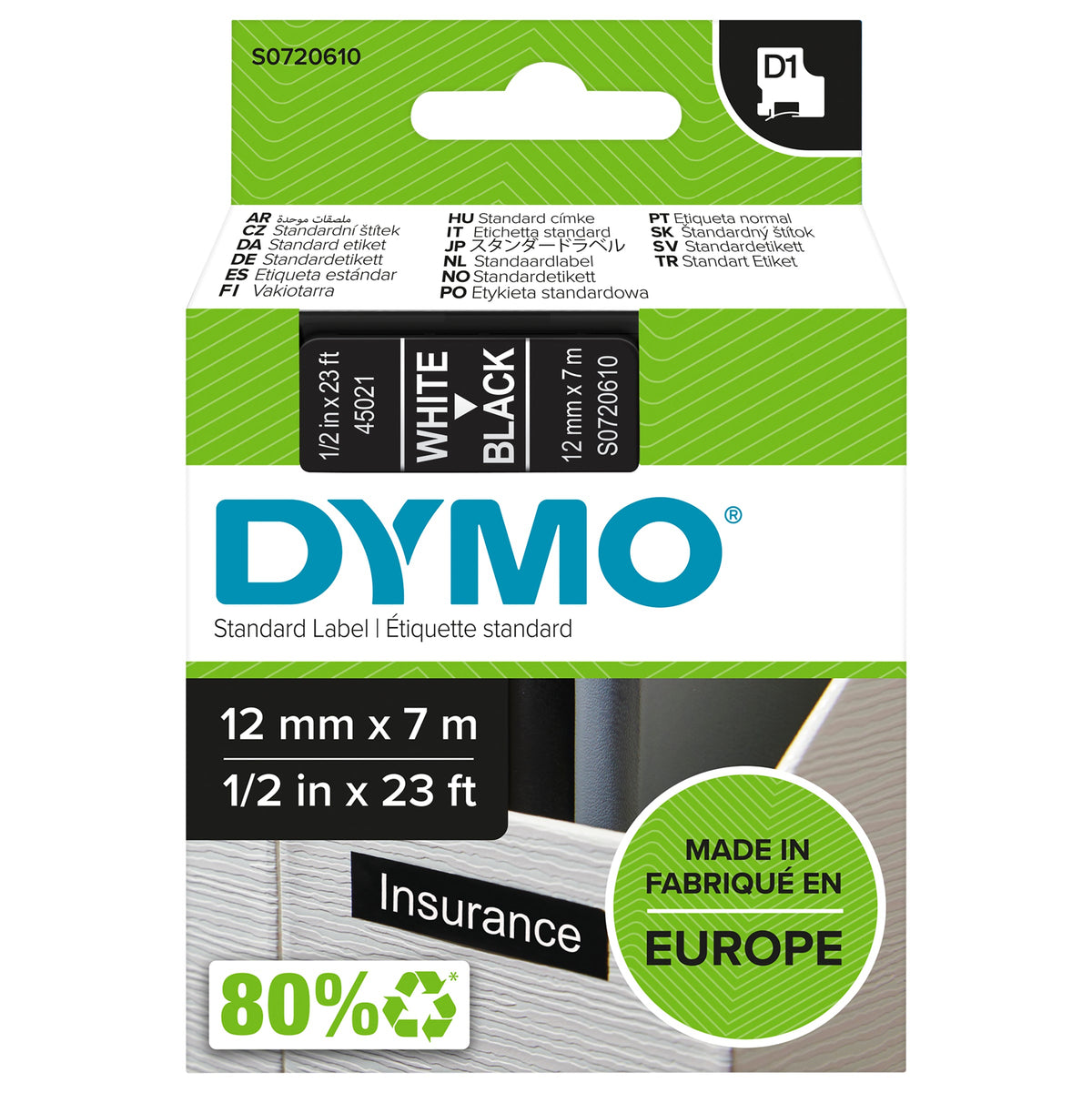 Dymo D1 Label Tape 12mm x 7m White on Black