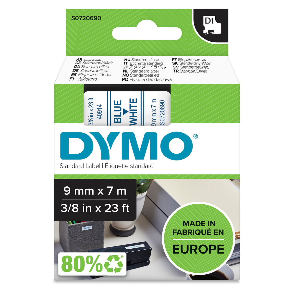 Dymo D1 Label Tape 9mm x 7m Blue on White