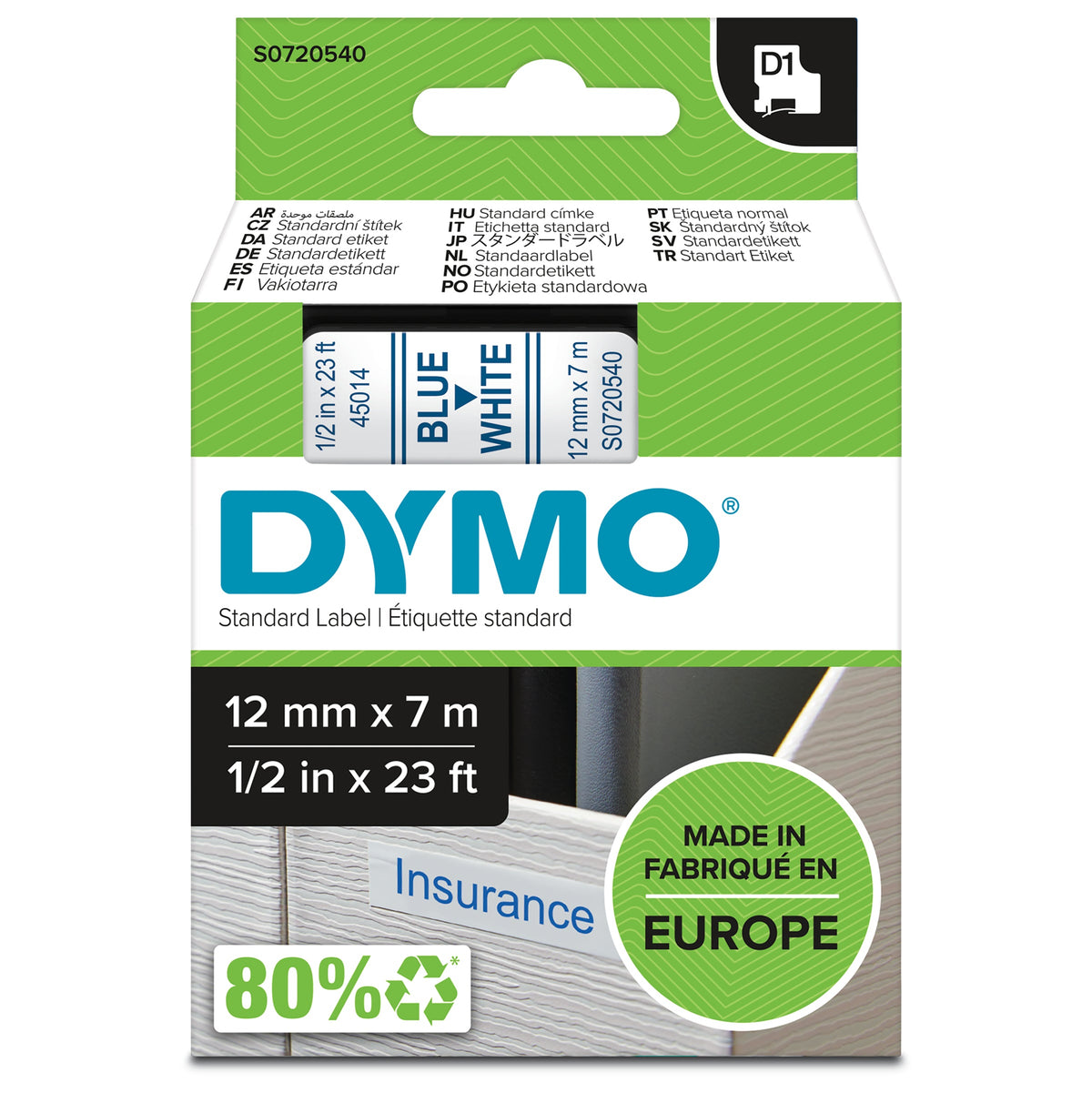 Dymo D1 Label Tape 12mm x 7m Blue on White