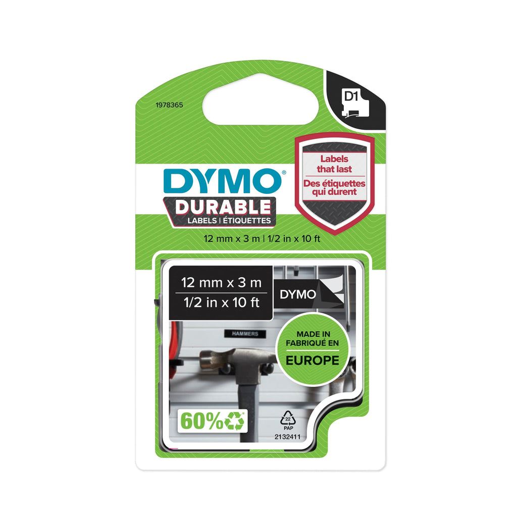 Dymo D1 Durable Label Tape 12mm White on Black