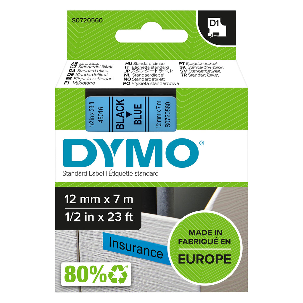 Dymo D1 Label Tape 12mm x 7m Black on Blue