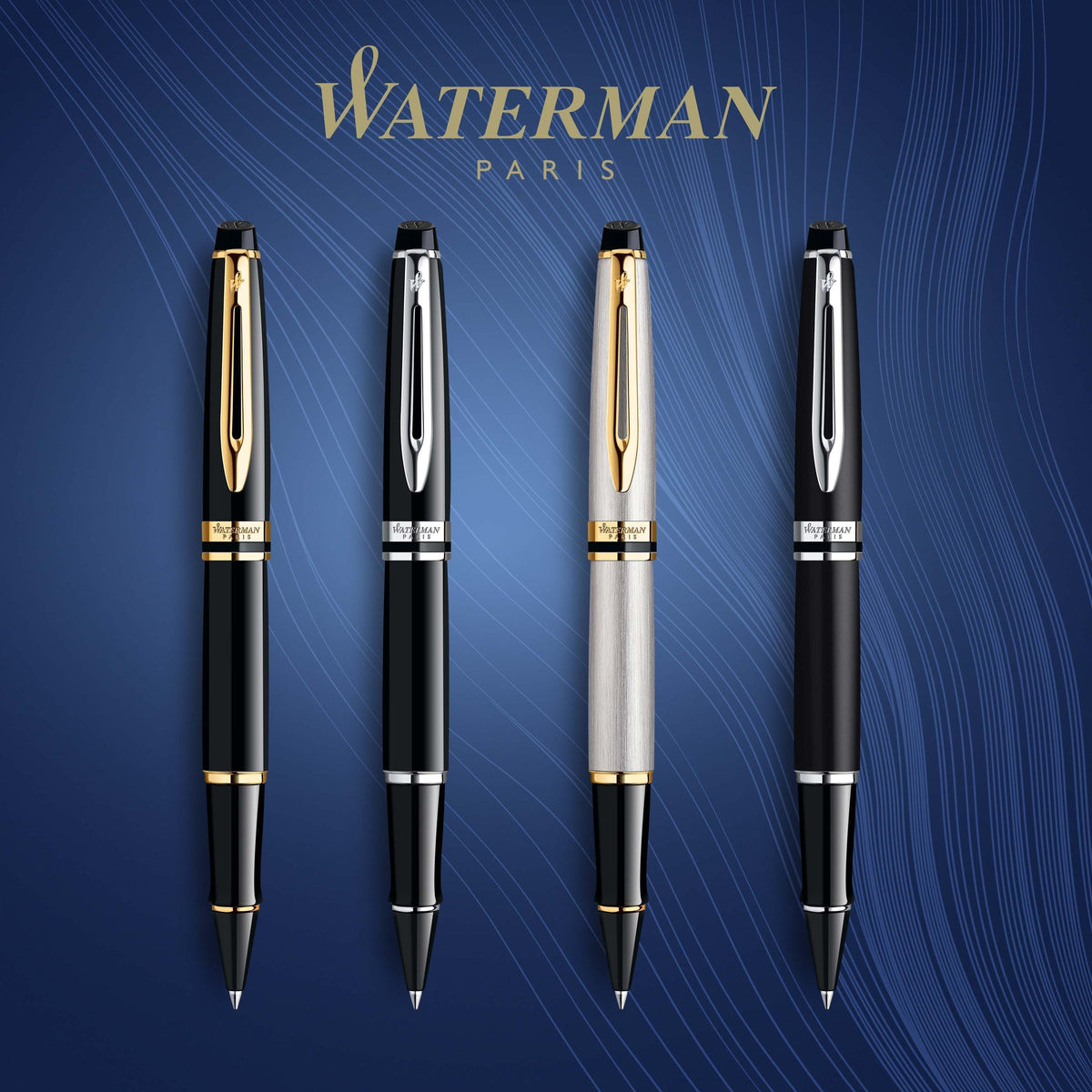 Waterman Expert Black Lacquer Gold Trim Rollerball Pen in Box