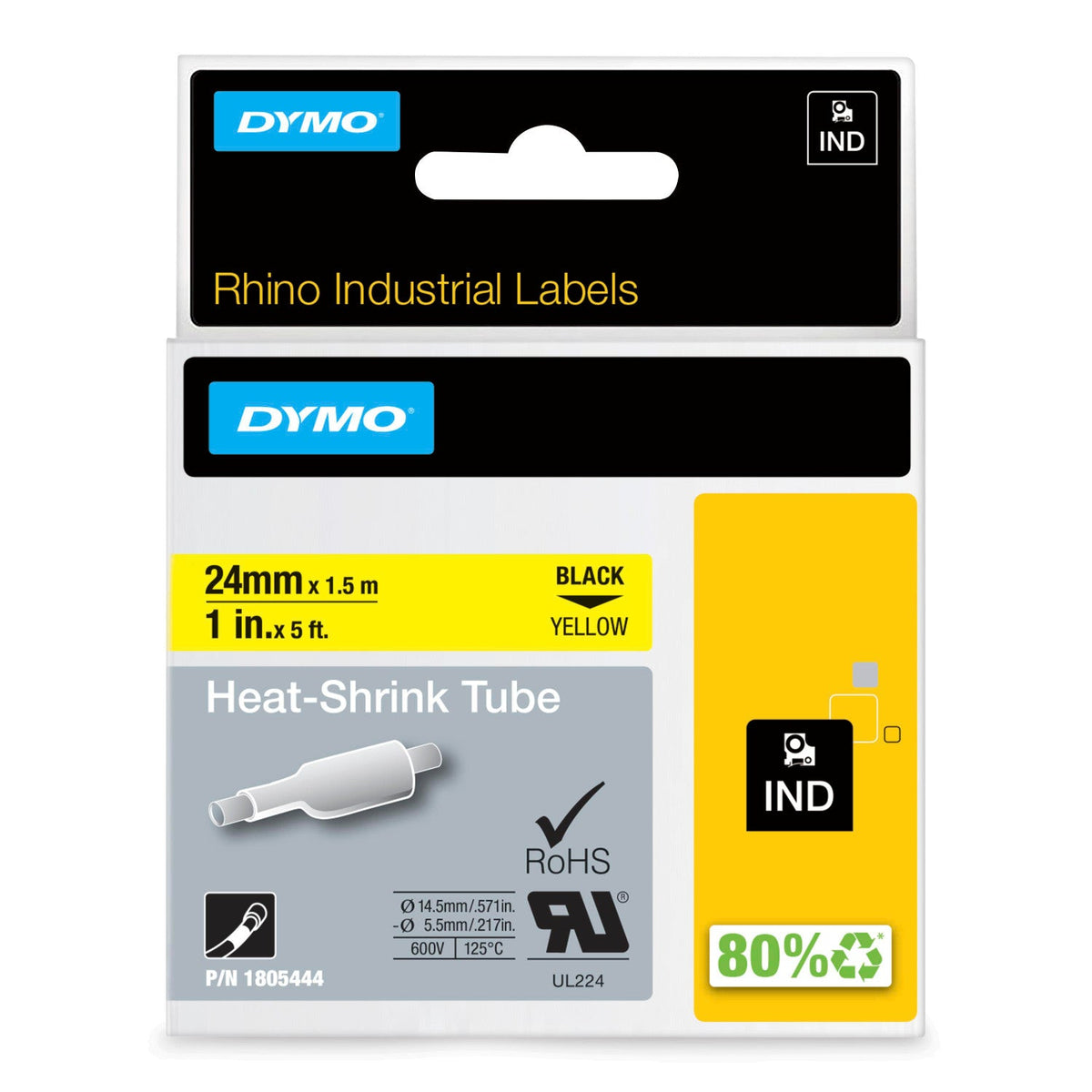 Dymo Rhino Heat Shrink Tube Label Tape 12mm x 1.5m Black on Yellow