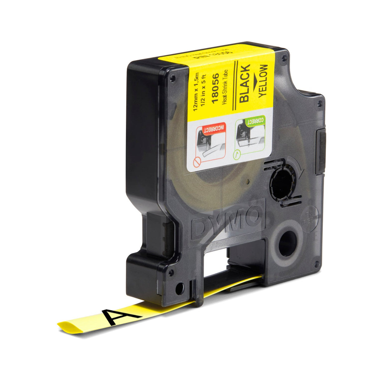 Dymo Rhino Heat Shrink Tube Label Tape 12mm x 1.5m Black on Yellow