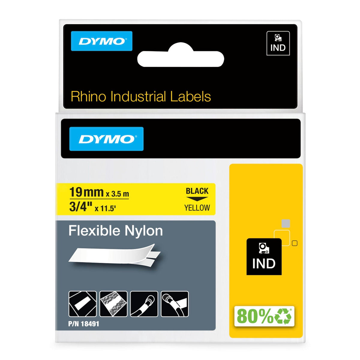 Dymo Rhino Flexible Nylon Label Tape 19mm x 3.5m Black on Yellow