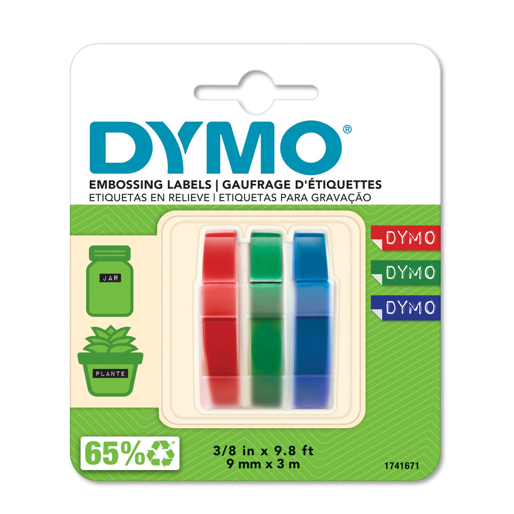 Dymo Tapewriter Embossing Tape 9mm x 3m Red Green Blue Plastic Pack of 3 Rolls