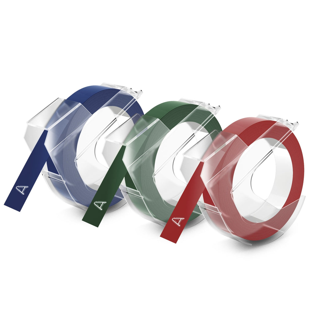 Dymo Tapewriter Embossing Tape 9mm x 3m Red Green Blue Plastic Pack of 3 Rolls