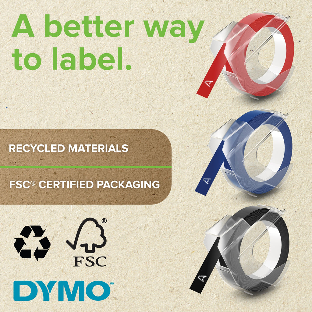 Dymo Tapewriter Embossing Tape 9mm x 3m Red Green Blue Plastic Pack of 3 Rolls