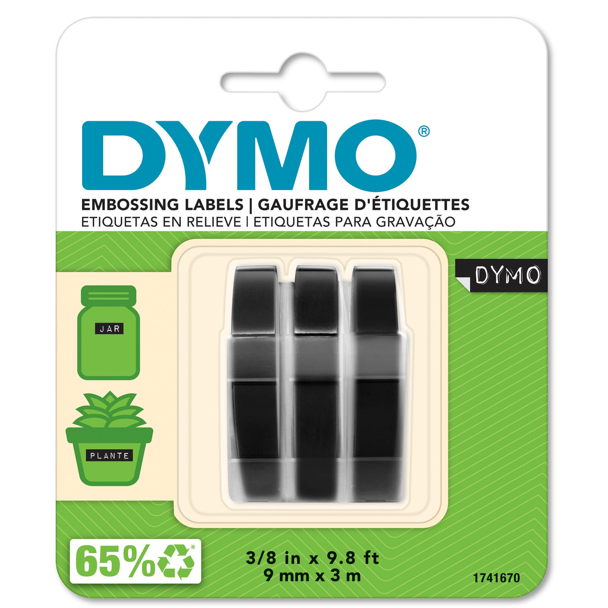 Dymo Tapewriter Embossing Tape 9mm x 3m Black Plastic Pack of 3 Rolls