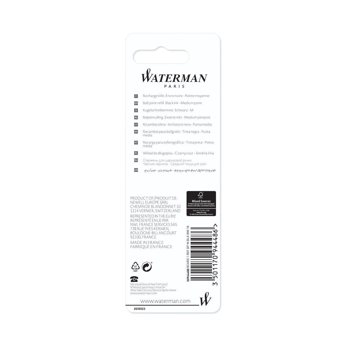 Waterman Ballpoint Refill Medium Black in Blister Pack