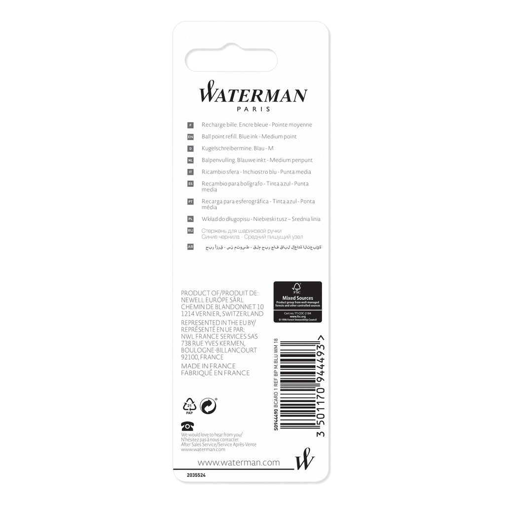 Waterman Ballpoint Refill Medium Blue in Blister Pack