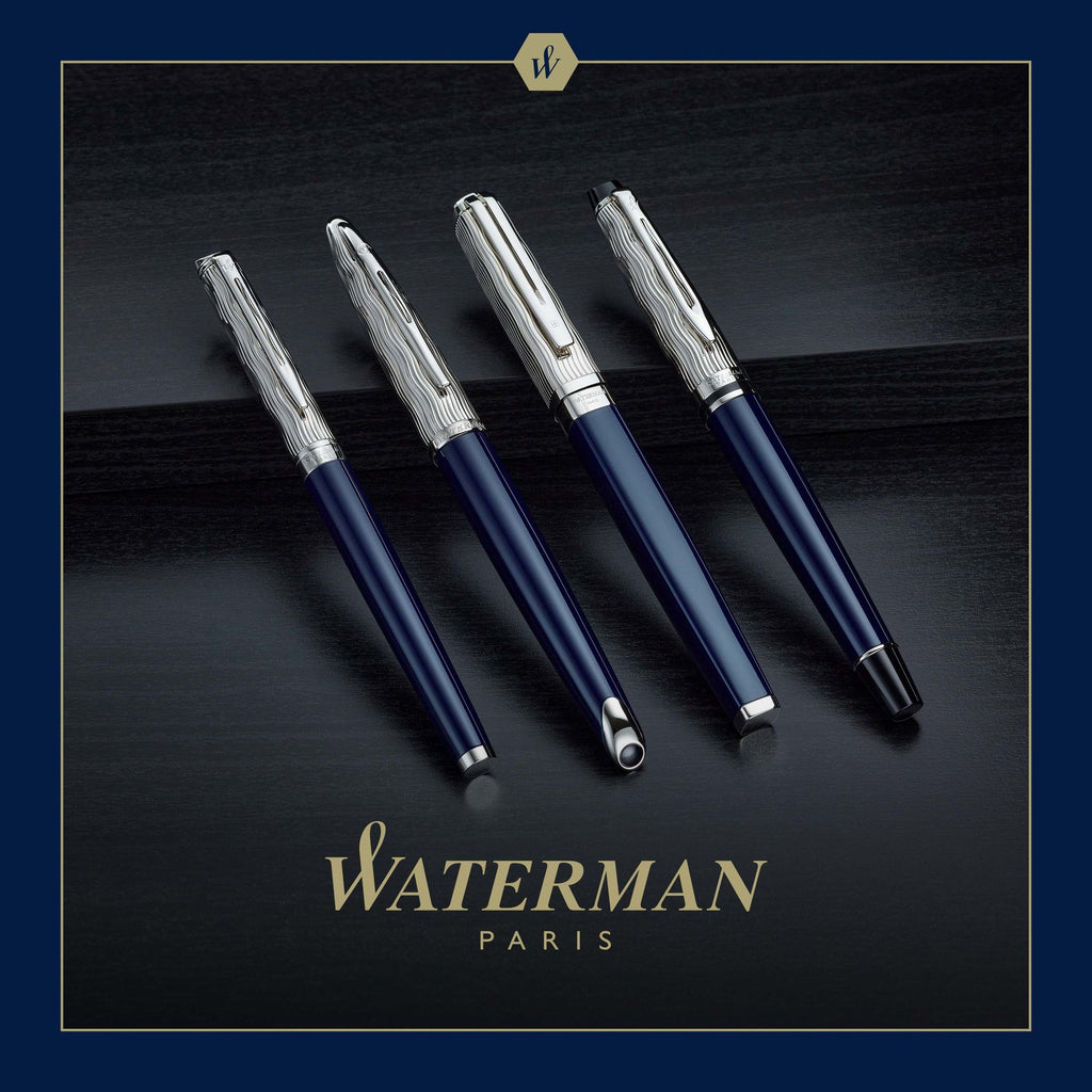 Waterman Expert Metal and Blue Lacquer Palladium Trim Ballpoint Pen Medium Tip