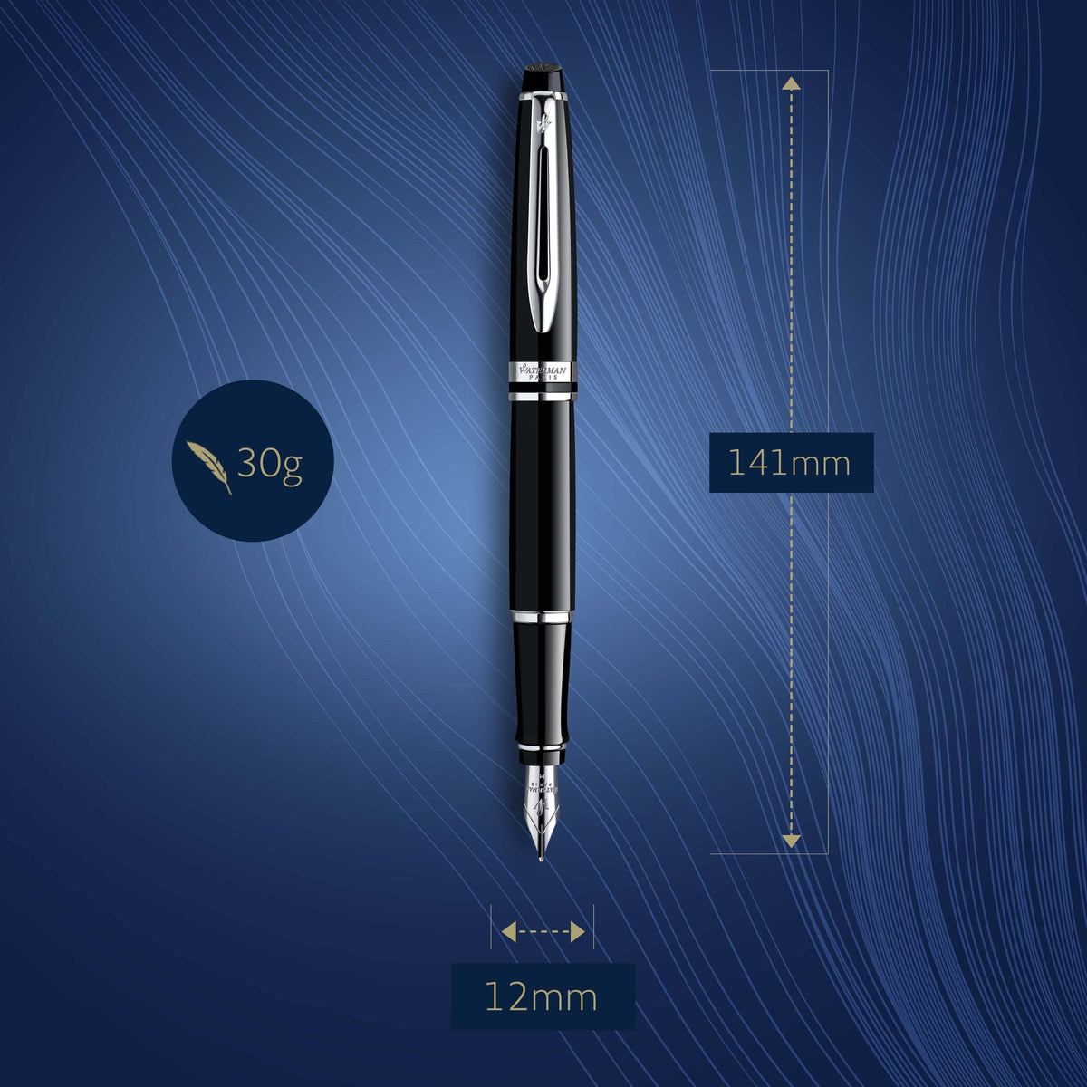 Waterman Expert Black Lacquer Chrome Trim Fountain Pen in Box