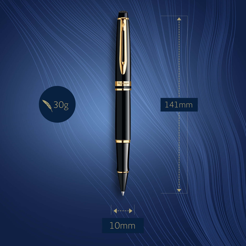Waterman Expert Black Lacquer Gold Trim Rollerball Pen in Box
