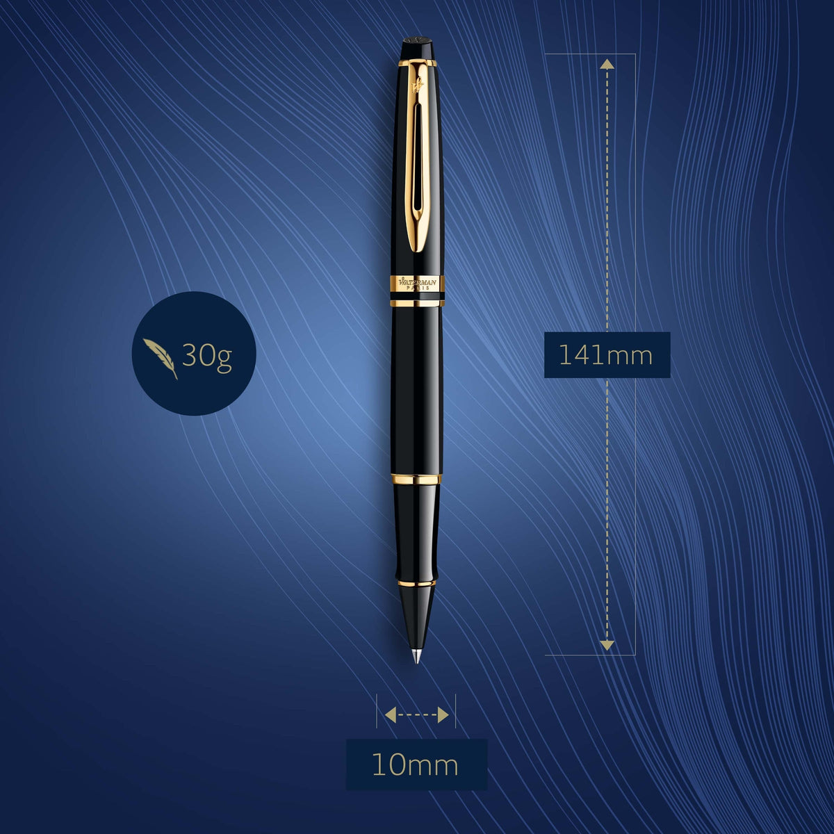 Waterman Expert Black Lacquer Gold Trim Rollerball Pen in Box