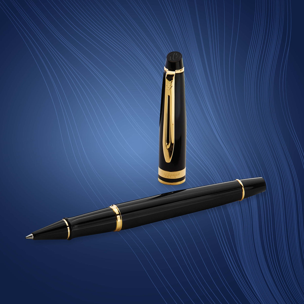 Waterman Expert Black Lacquer Gold Trim Rollerball Pen in Box