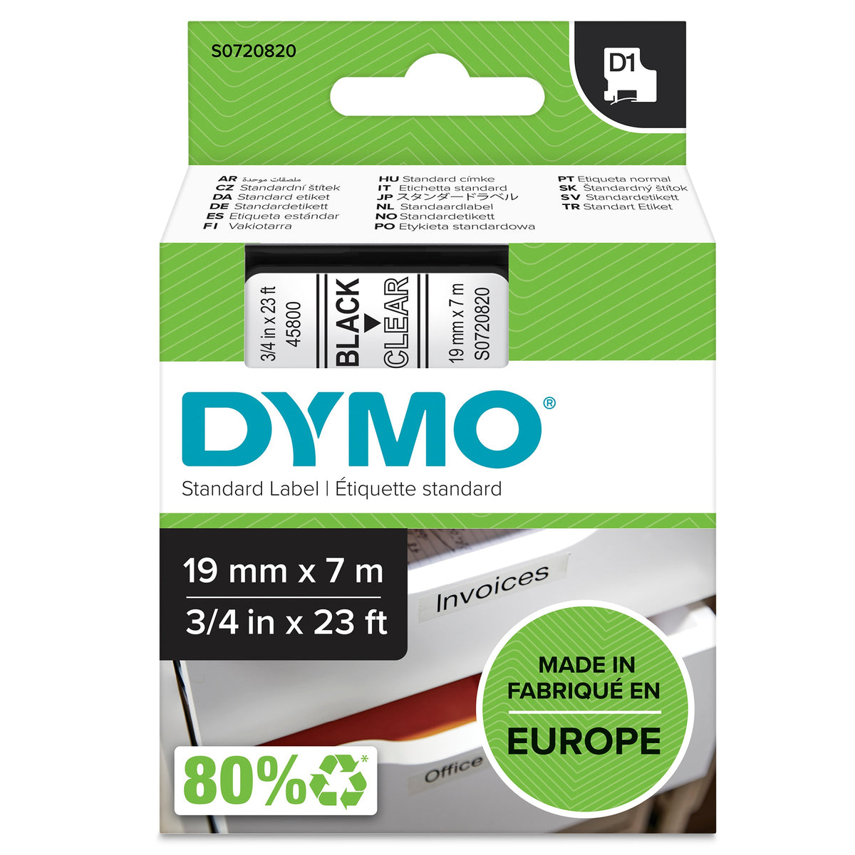 Dymo D1 Label Tape 19mm x 7m Black on Clear
