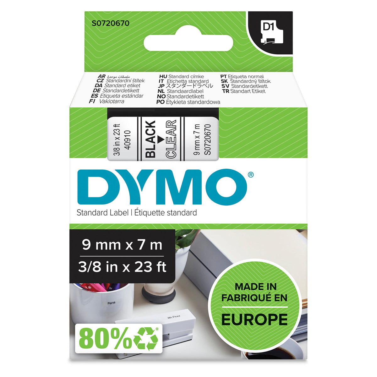 Dymo D1 Label Tape 9mm x 7m Black on Clear