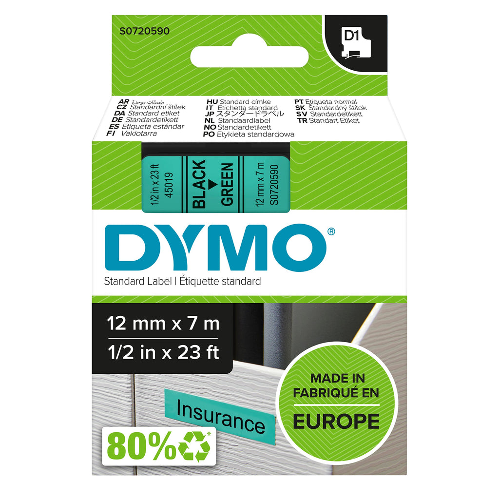 Dymo D1 Label Tape 12mm x 7m Black on Green