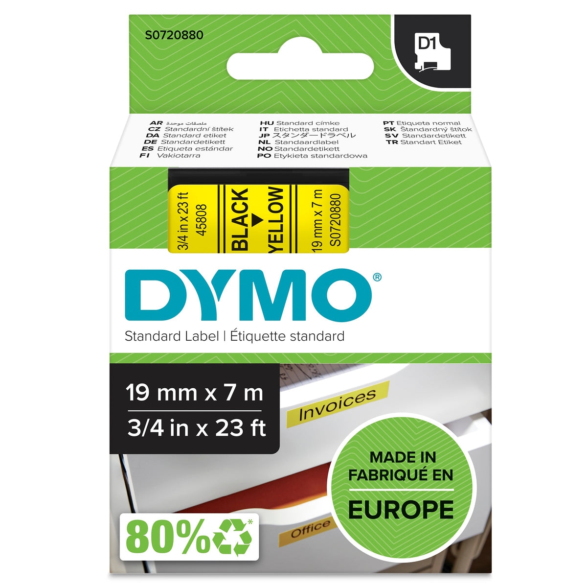 Dymo D1 Label Tape 19mm x 7m Black on Yellow
