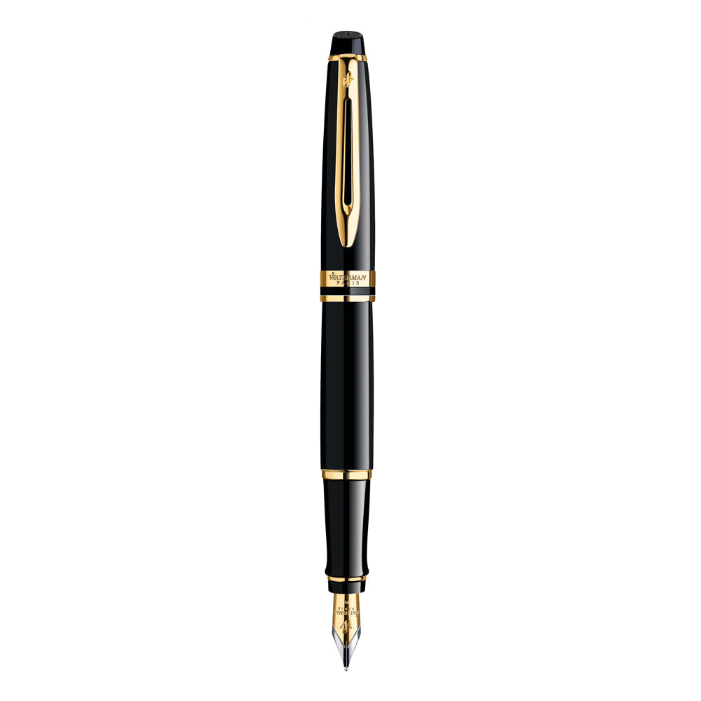 Waterman Expert Black Lacquer Gold Trim Fountain Pen Medium Nib in Box