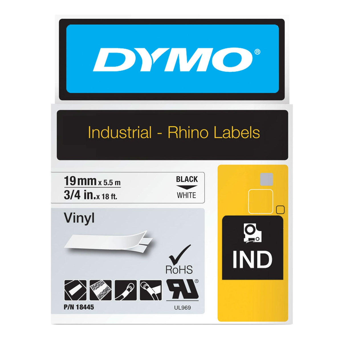 Dymo Rhino Vinyl Label Tape 19mm x 5.5m Black on White