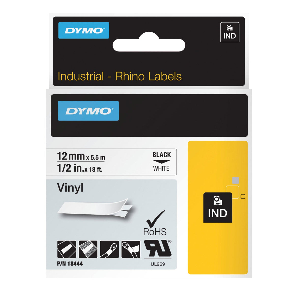 Dymo Rhino Vinyl Label Tape 12mm x 5.5m Black on White