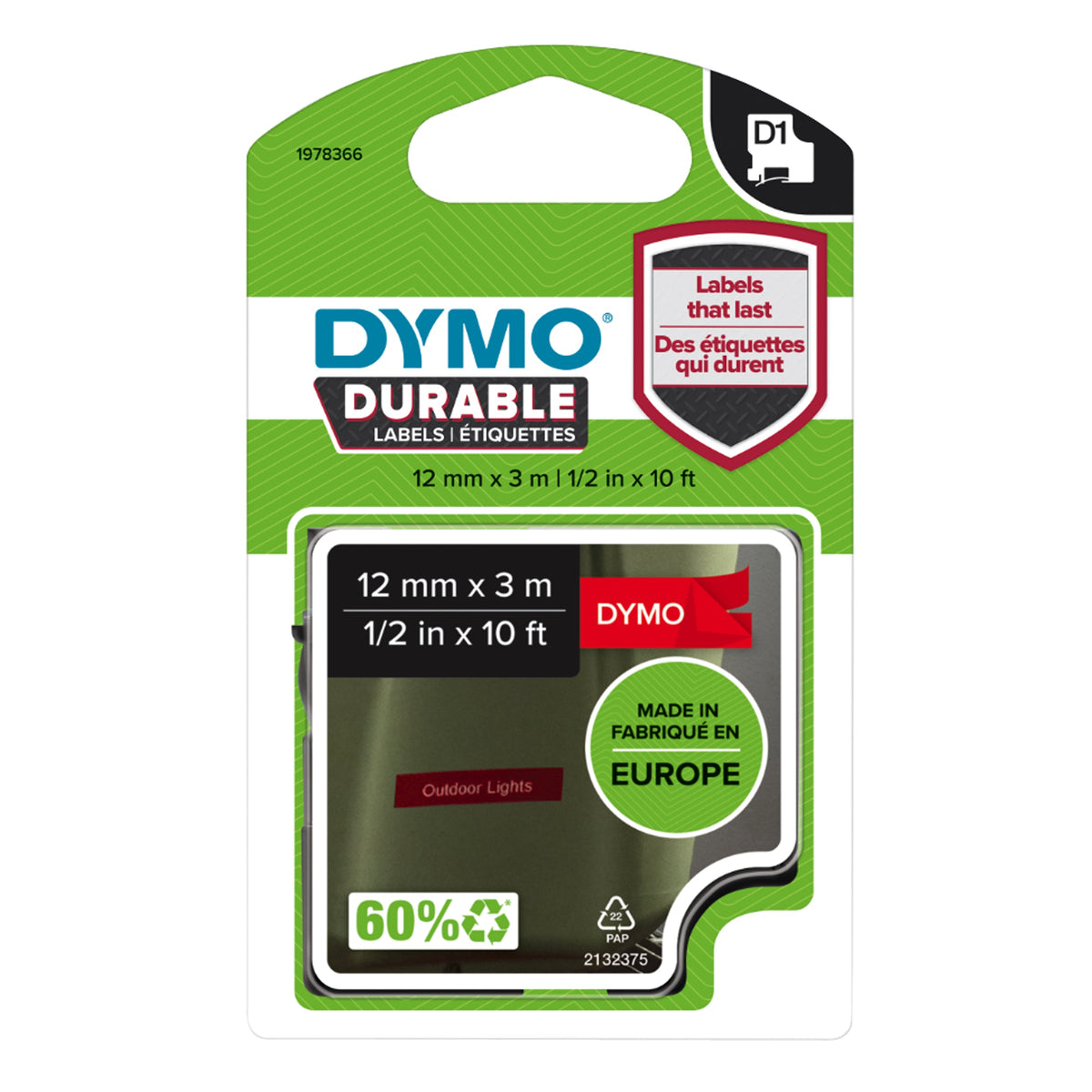 Dymo D1 Durable Label Tape 12mm White on Red