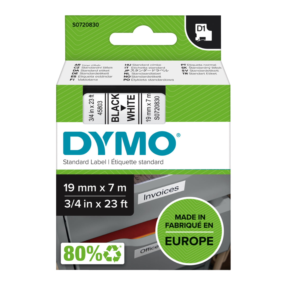 Dymo D1 Label Tape 19mm x 7m Black on White