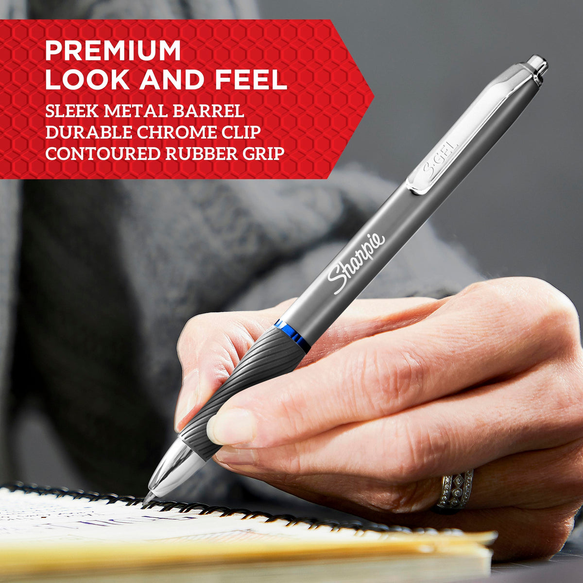 Sharpie S-Gel Retractable Pen Medium Point 0.7mm Black Metal Grey Barrel Black Ink Pack 2 Box of 7
