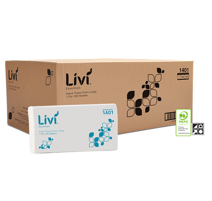 Livi 1401A Essentials Interleaved Hand Towel XL 1 Ply 150 Sheets Carton 16