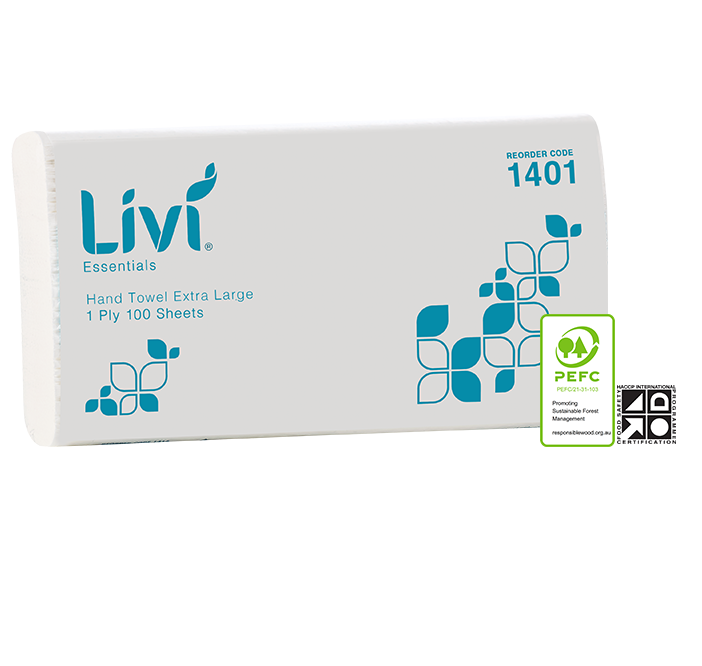 Livi 1401A Essentials Interleaved Hand Towel XL 1 Ply 150 Sheets Carton 16