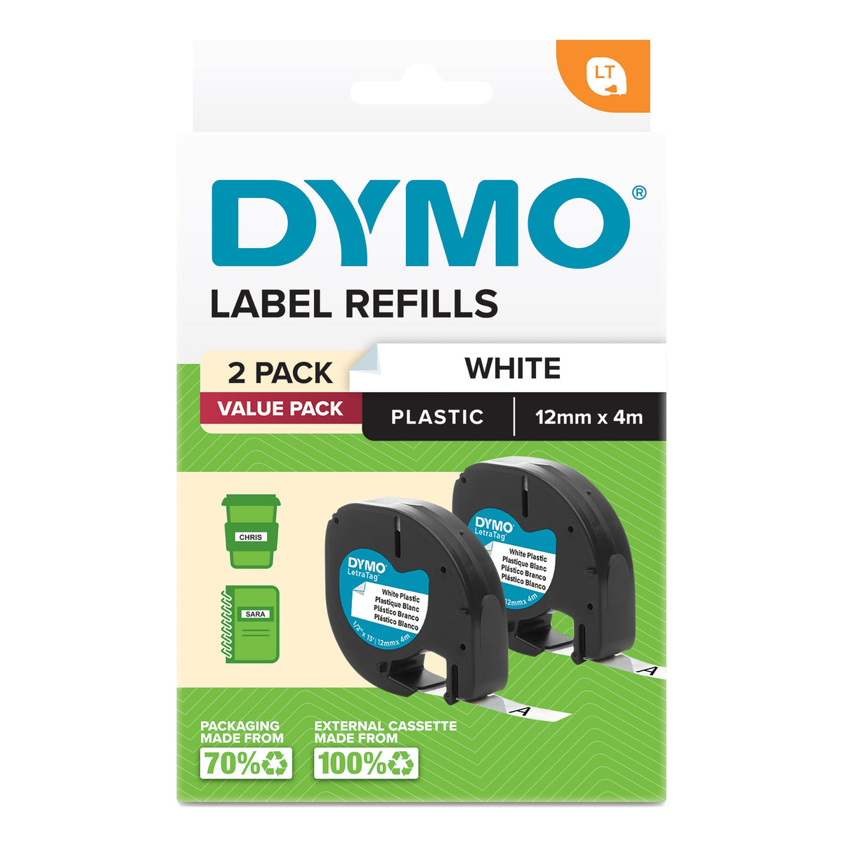 Dymo LetraTag Label Tape 12mm x 4m Black on White Plastic Twin Pack