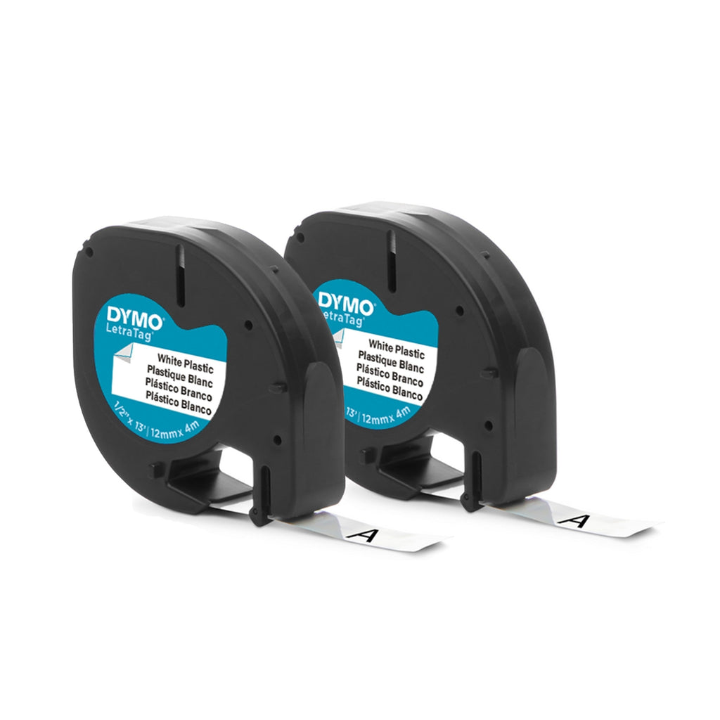 Dymo LetraTag Label Tape 12mm x 4m Black on White Plastic Twin Pack