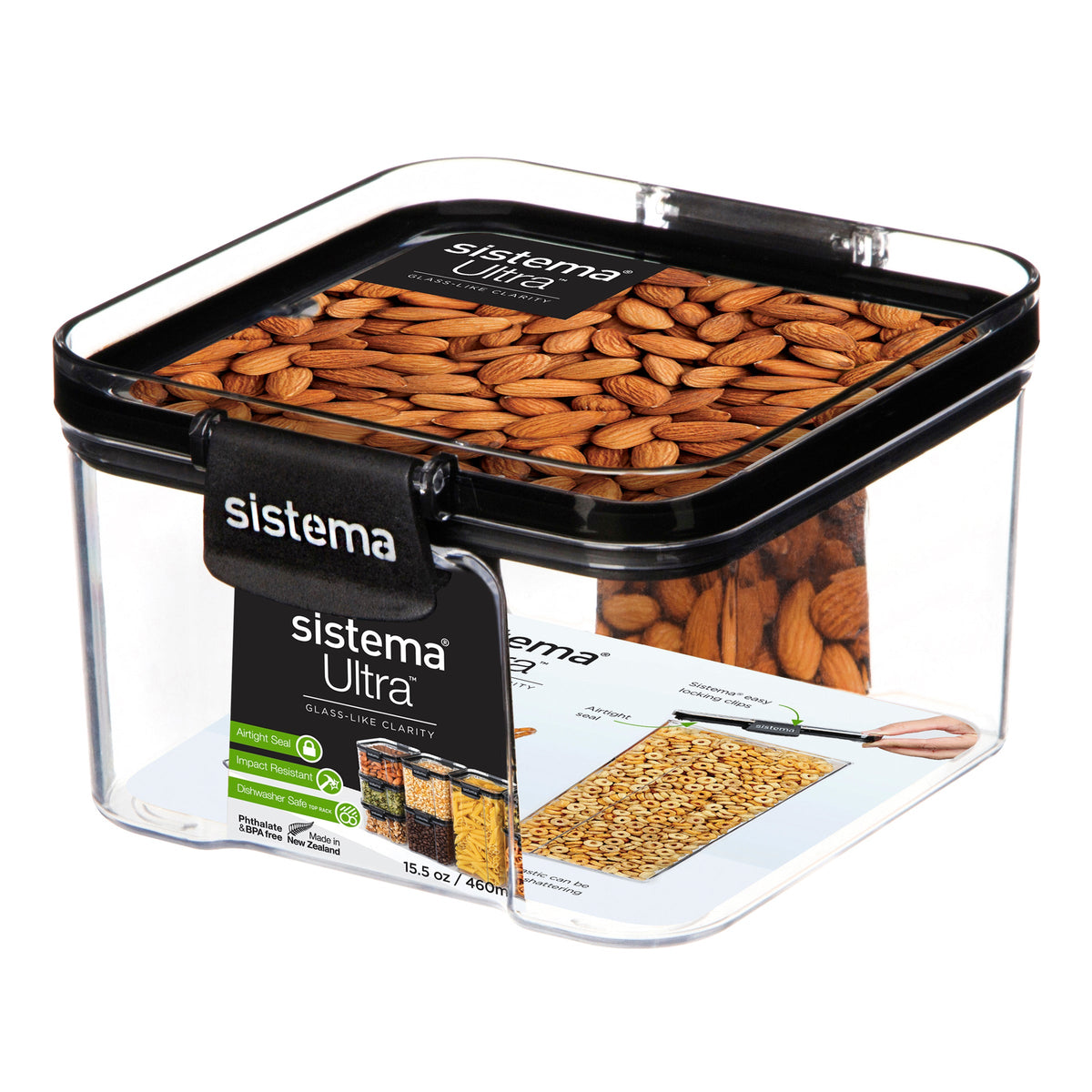 Sistema Ultra Clear Plastic Container Square 460ml Black