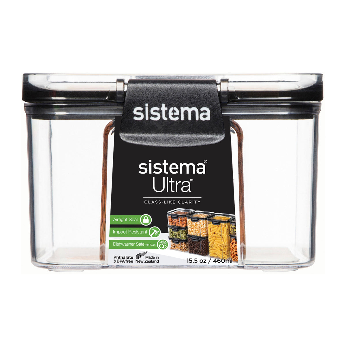 Sistema Ultra Clear Plastic Container Square 460ml Black