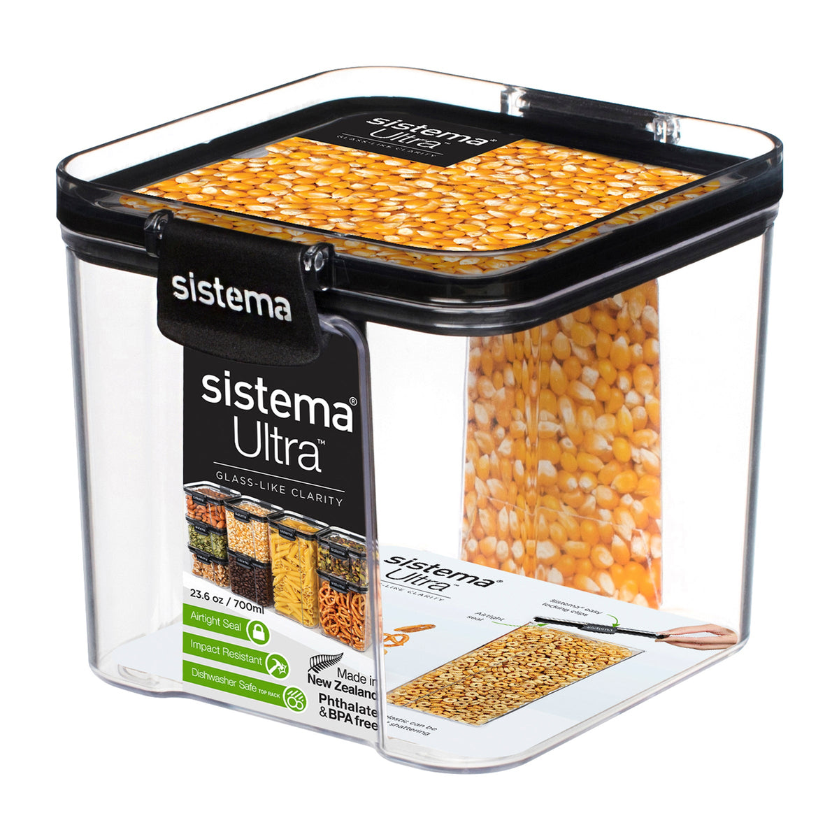 Sistema Ultra Clear Plastic Container Square 700ml Black