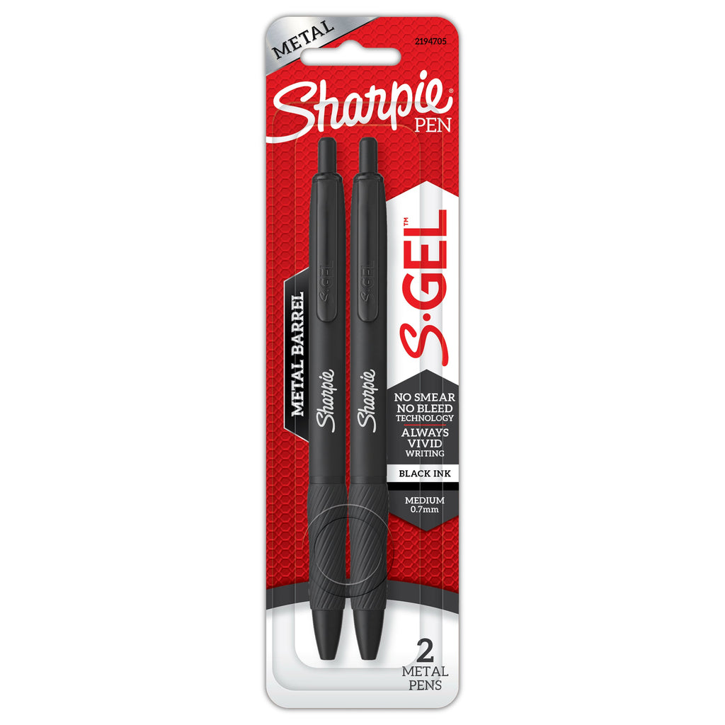 Sharpie S-Gel Retractable Pen Medium Point 0.7mm Black Metal Grey Barrel Black Ink Pack 2 Box of 7