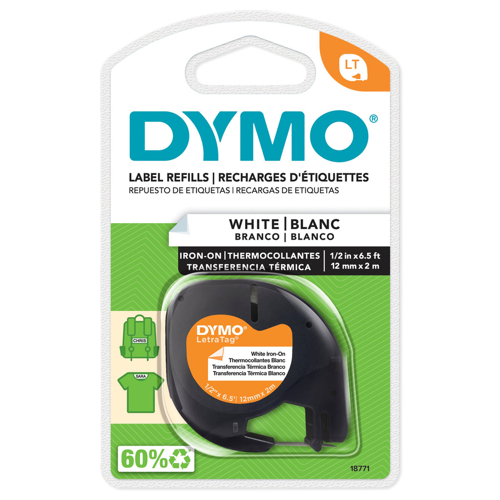 Dymo LetraTag Label Tape 12mm x 2m Black on White Iron-On Fabric