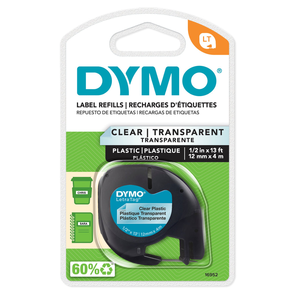 Dymo LetraTag Label Tape 12mm x 4m Black on Clear Plastic Single Roll