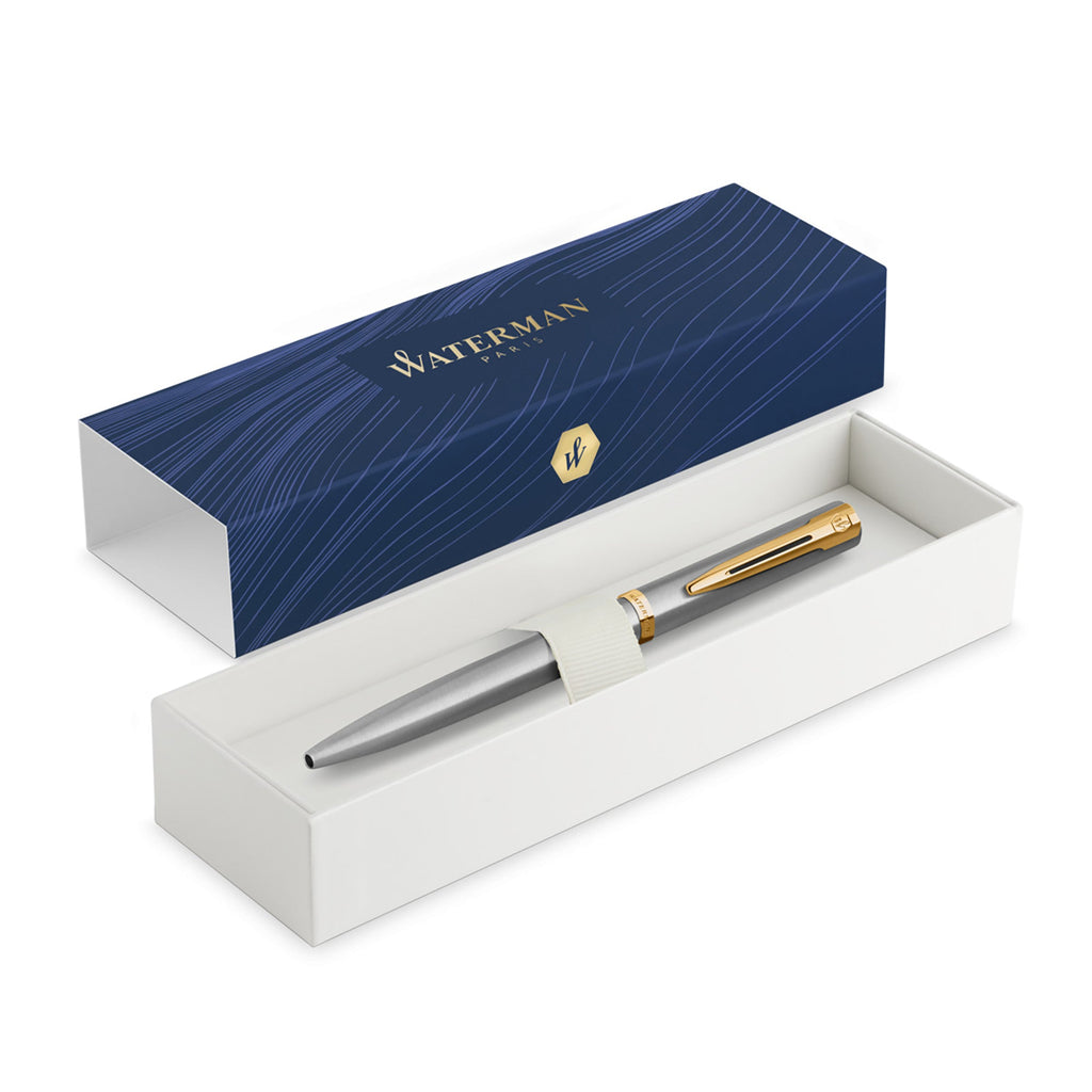 Waterman Impression Ballpoint Pen Stainless Steel with Gold Trim Medium Tip Blue Ink Gift Box