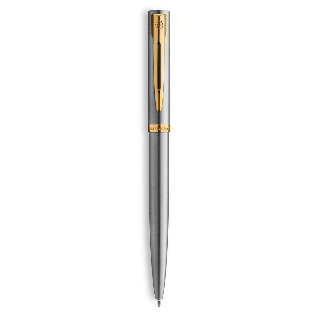 Waterman Impression Ballpoint Pen Stainless Steel with Gold Trim Medium Tip Blue Ink Gift Box
