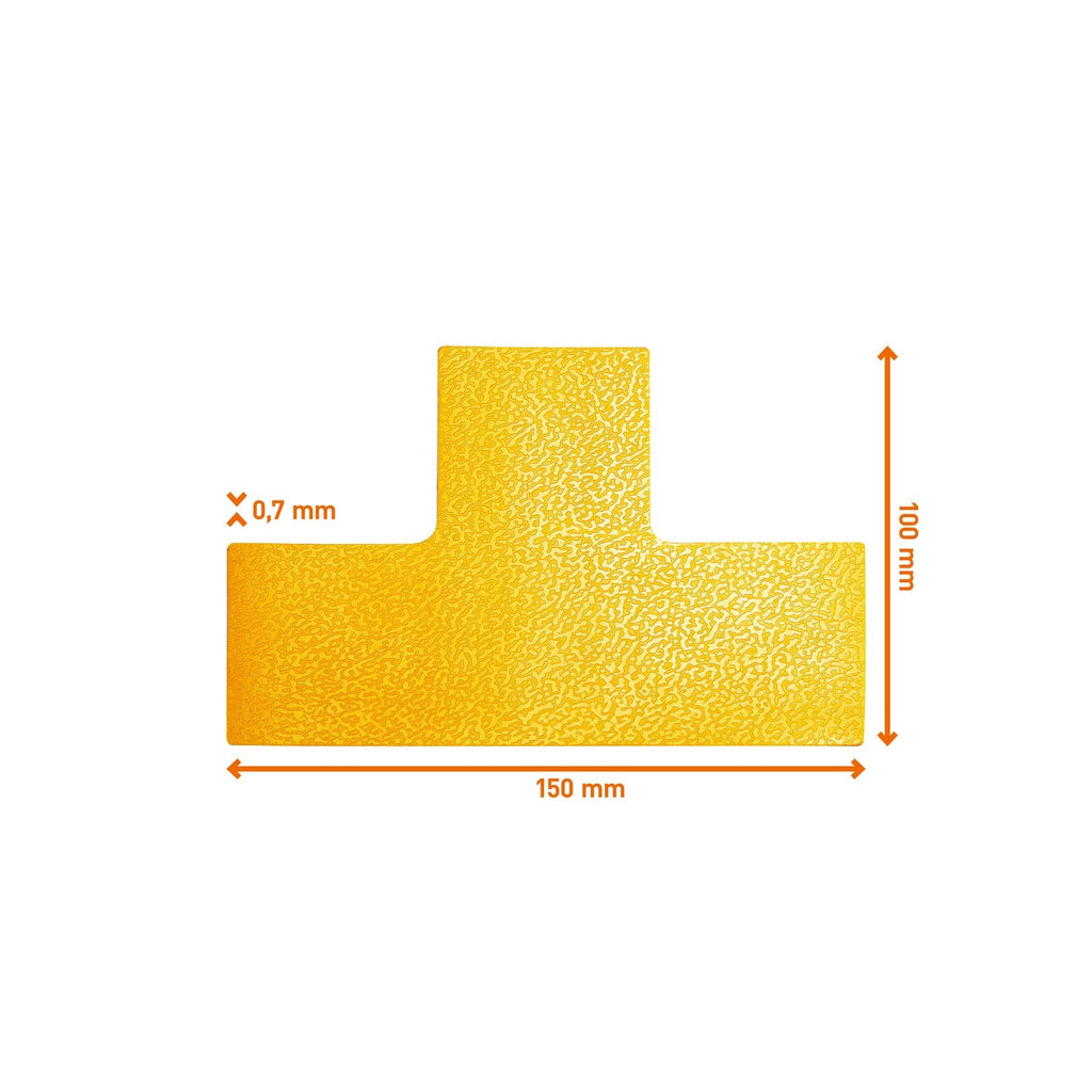 Dimension drawing of the Durable yellow T-shaped floor marker, 150 mm by 100 mm
