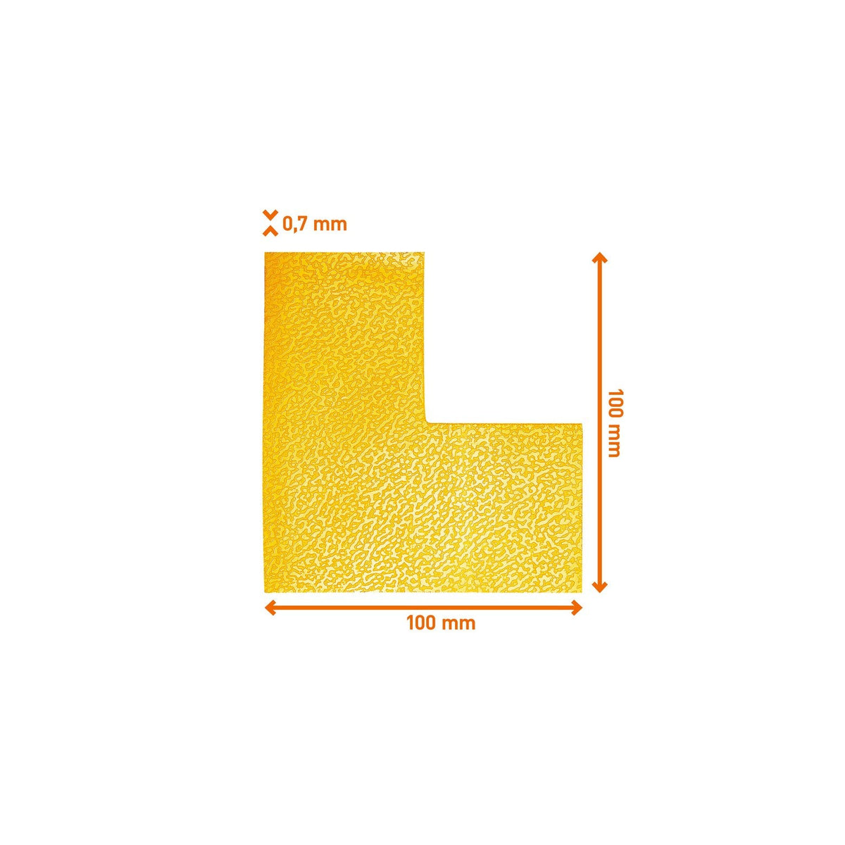 Durable L shape floor marker dimension drawing: 100 x 100 mm, 0.7 mm thick